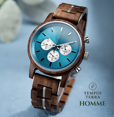 Tempus Terra™ Ocean Chrono – Montre en Bois & Acier Homme | Cadran Bleu